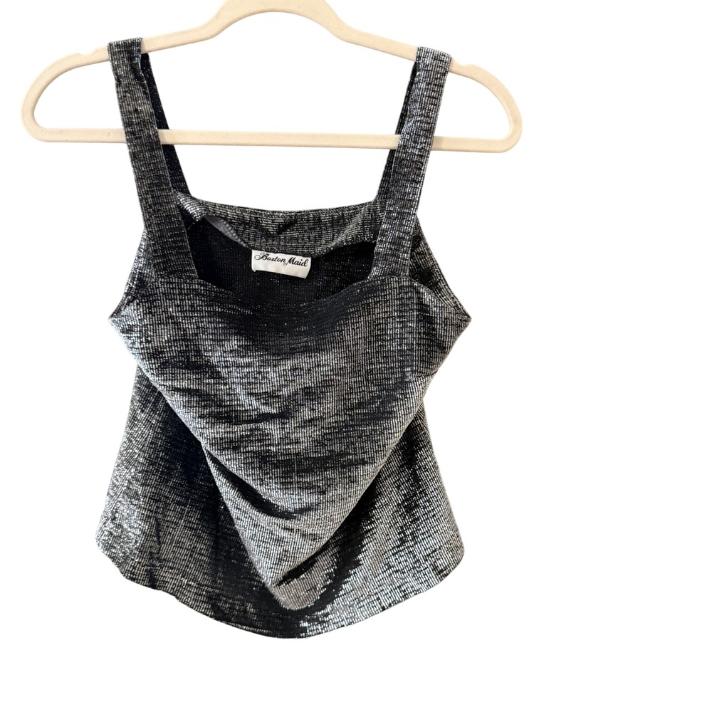 Boston Maid Vintage 80s Metallic Silver Black Tank Top Square Neck Blouse Size 8